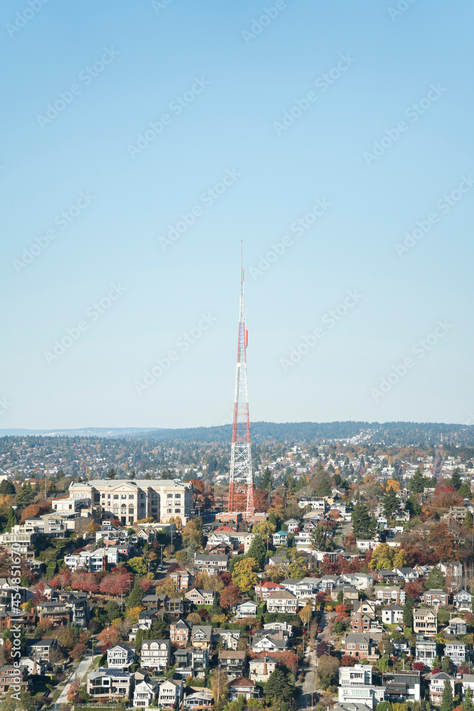 Cityscape of Tacoma at Washington with tall signal tower in the middle