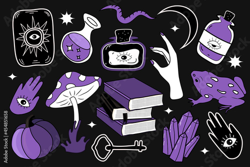 vector illustration on the theme of magic, witchcraft, esotericism. a set of isolated element -magic ithems - tarot, crystals, potions, toad, books, hands, moon) trendy stickers in flat style