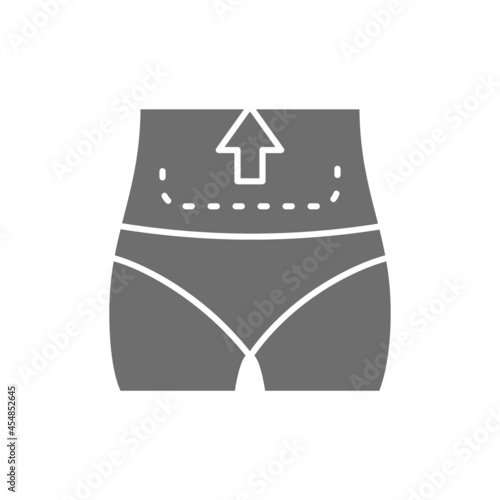 Abdominal liposuction, abdominoplasty, tummy tuck plastic surgery grey icon.
