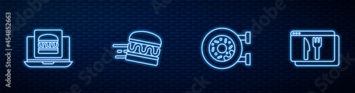 Set line Donut, Online ordering burger delivery, and and. Glowing neon icon on brick wall. Vector