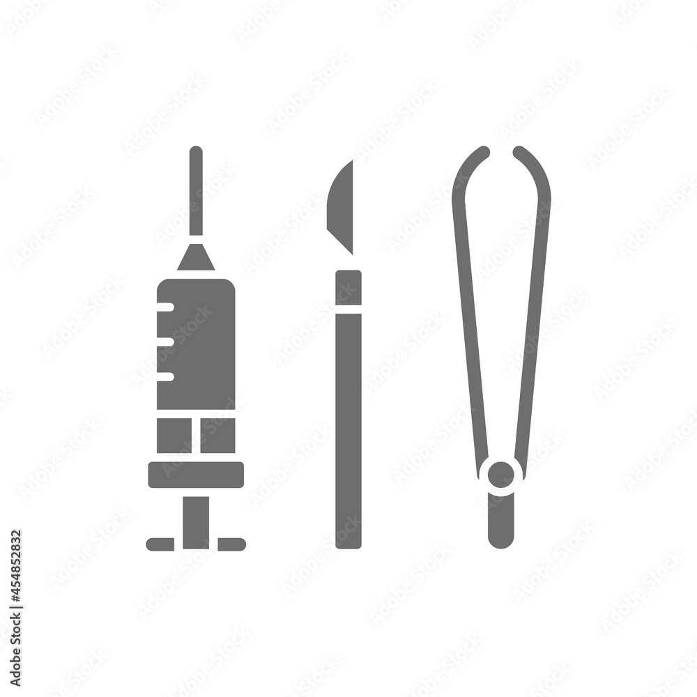 Instruments for surgery, medical scalpel, tweezers, clamp and syringe grey icon. Instruments for surgery, medical scalpel, tweezers, clamp and syringe grey icon.