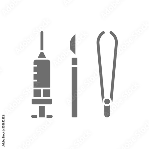 Instruments for surgery, medical scalpel, tweezers, clamp and syringe grey icon.