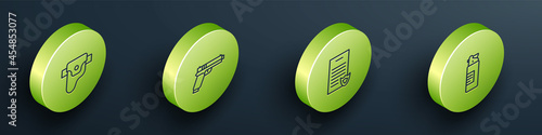 Set Isometric line Gun in holster, Pistol or gun, Firearms license certificate and Weapons oil bottle icon. Vector
