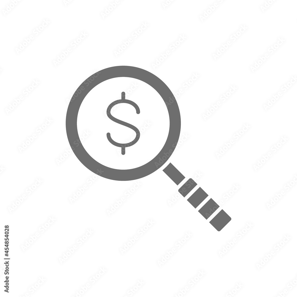 Magnify glass with dollar, money search, find currency grey icon. Magnify glass with dollar, money search, find currency grey icon.