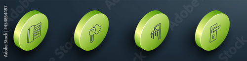 Set Isometric line Telephone handset, Hotel door lock key, Shower and Door handle icon. Vector