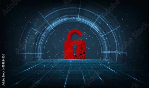 Cyber security attack technology concept.Padlock red open on dark blue background.Cyber attack and Information leak concept.Vector illustration.EPS10