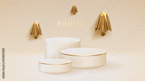 golden spirits surround white podium, halloween background design for showing product. realistic 3d vector illustration.