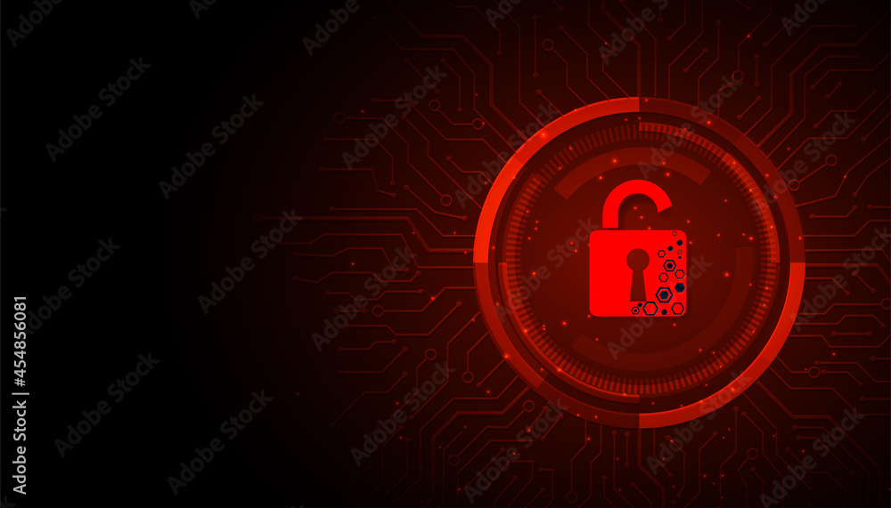 Concept of destroyed cyber security.Padlock red open on electric circuits network dark red background.Cyber attack and Information leak concept.Vector illustration. Concept of destroyed cyber security.Padlock red open on electric circuits network dark red background.Cyber attack and Information leak concept.Vector illustration.