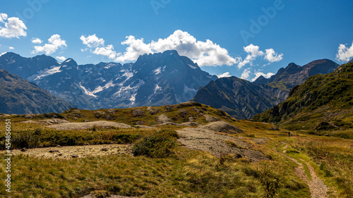 landscape in the mountains with sky and clouds, le Sirac au fond