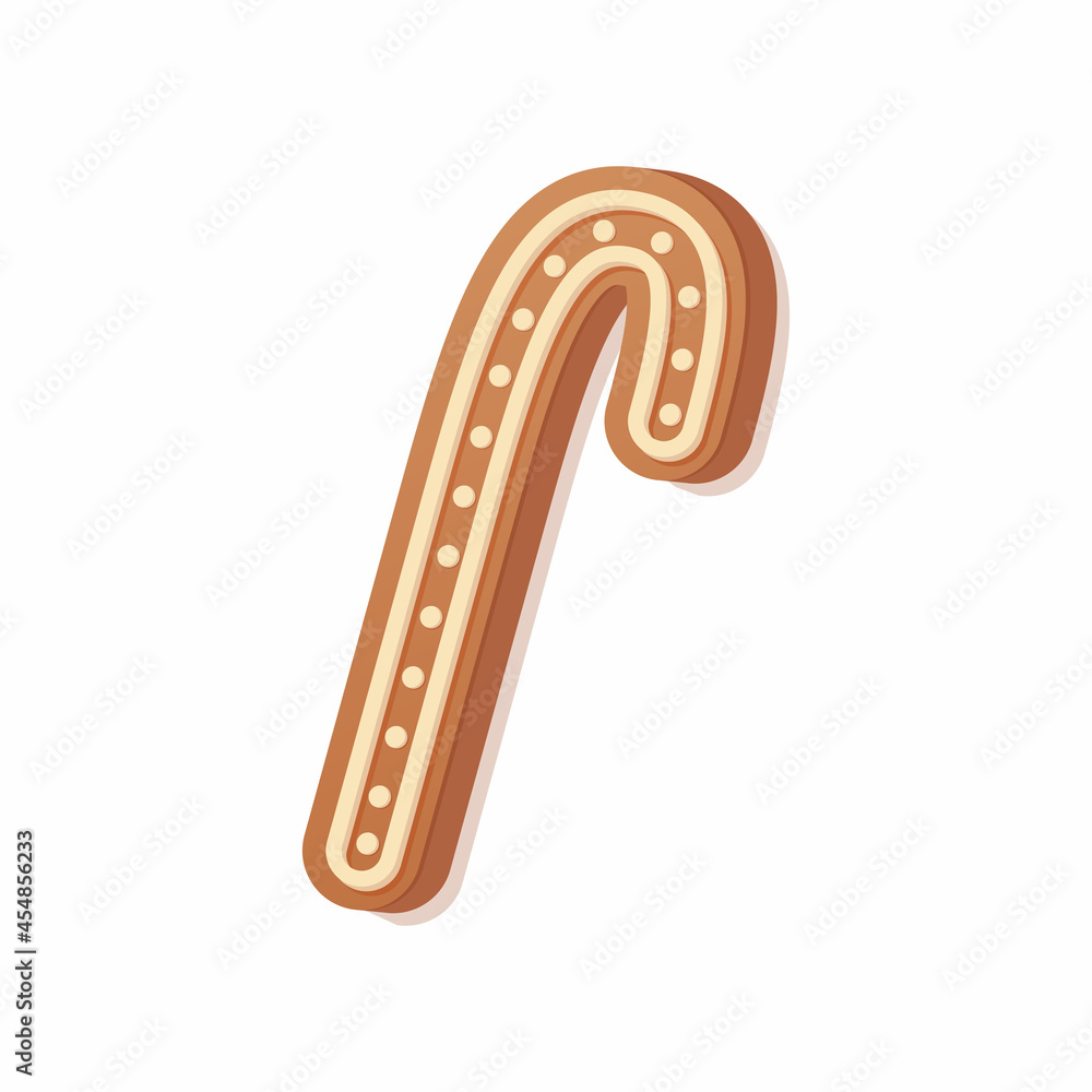 Gingerbread candy cane symbol decorated icing. Holiday cookie in shape of candy stick sign. Vector design element for new year's day, christmas, winter holiday, cooking, food. Gingerbread candy cane symbol decorated icing. Holiday cookie in shape of candy stick sign. Vector design element for new year's day, christmas, winter holiday, cooking, food.