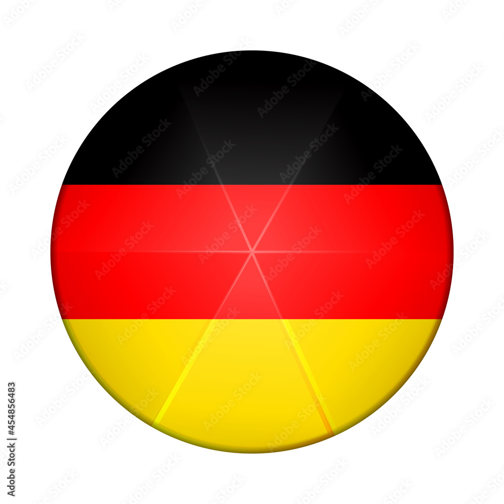 Fototapeta premium Glass light ball with flag of Germany. Round sphere, template icon. German national symbol. Glossy realistic ball, 3D abstract vector illustration highlighted on a white background. Big bubble