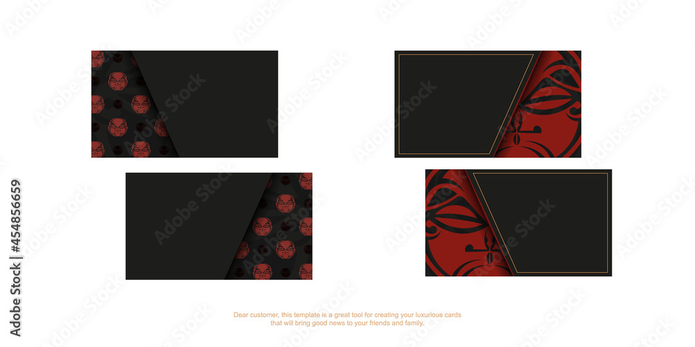 Black business card with mask of the gods ornaments. Print-ready business card design with space for your text and face in polizenian style patterns.