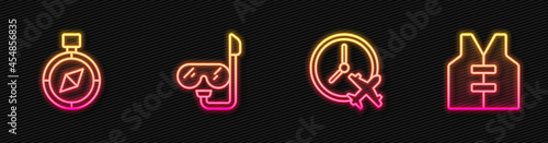Set line Clock with airplane, Compass, Diving mask and snorkel and Life jacket. Glowing neon icon. Vector