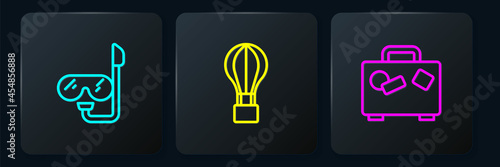 Set line Diving mask and snorkel, Suitcase and Hot air balloon. Black square button. Vector