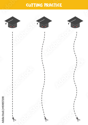 Cutting practice for children with cute kawaii bachelor cap.