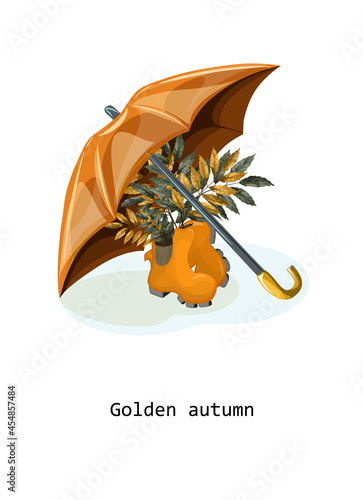 Vector concept image in cartoon style. Umbrella covering rubber boots with withered autumn foliage. EPS 10