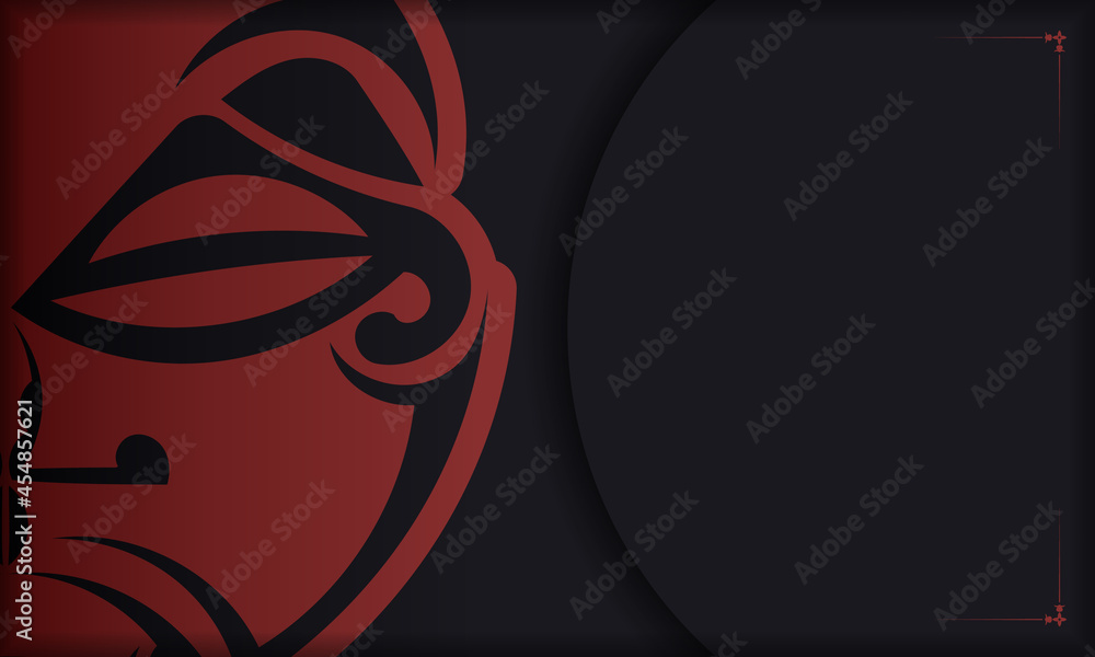 Fototapeta premium Template for a printable design of a postcard with a face in a polizenian style ornaments. Black banner with mask of the gods ornaments