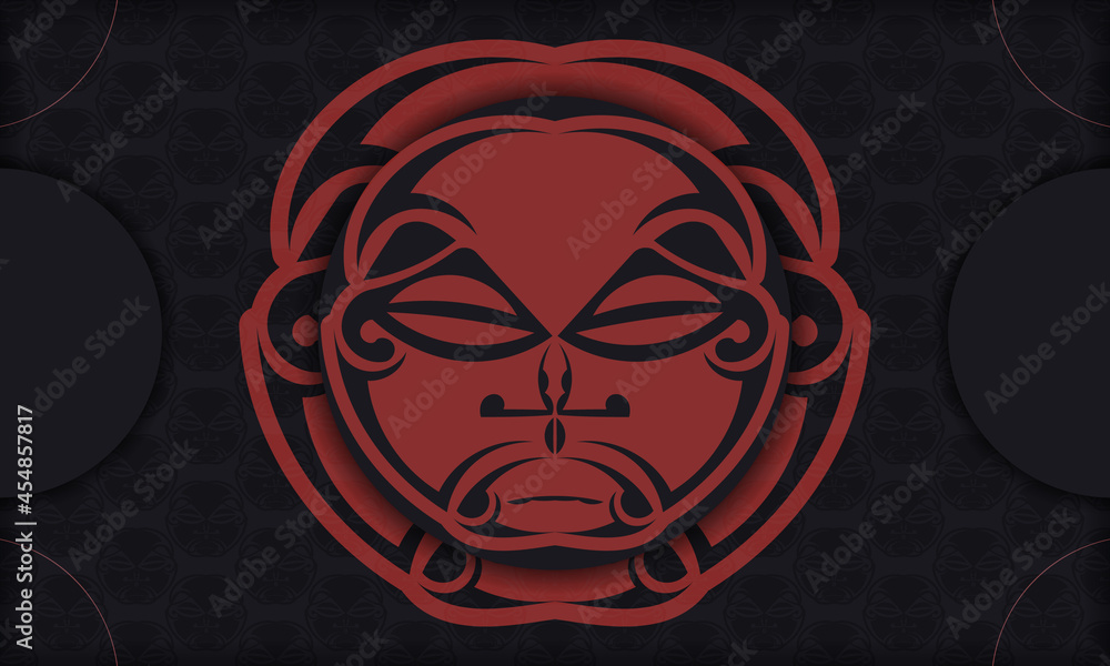 Template for a printable design of a postcard with a face in a polizenian style ornaments. Black banner with mask of the gods ornaments
