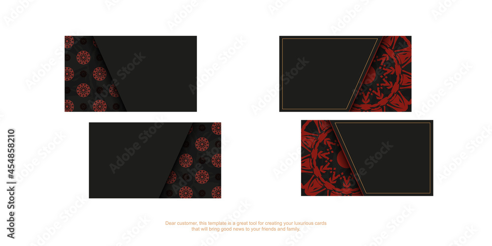 Stylish business cards with space for your text and vintage patterns. Vector Ready-to-print black business card design with red mandala patterns.