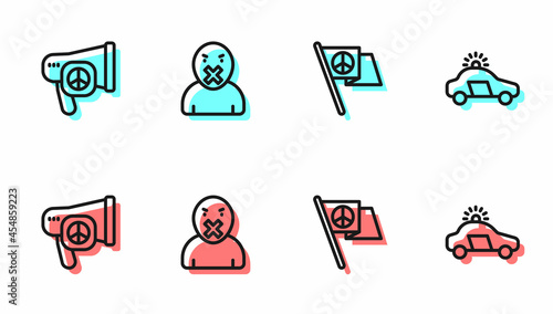 Set line Peace, , Censor and freedom of speech and Police car flasher icon. Vector