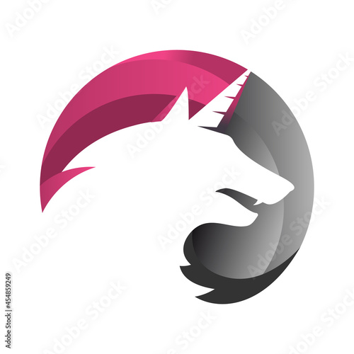 hybrid unicorn wolf head logo design on the circle vector sign concept illustration