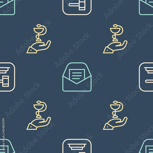 Set line Judge gavel, Caduceus snake medical and Mail and e-mail on seamless pattern. Vector