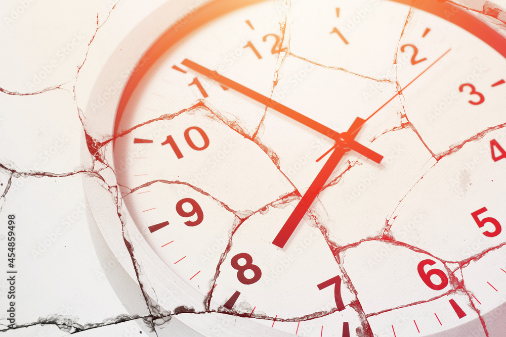 Time clock overlay crack breaking concrete texture for break a time concept background. Stock