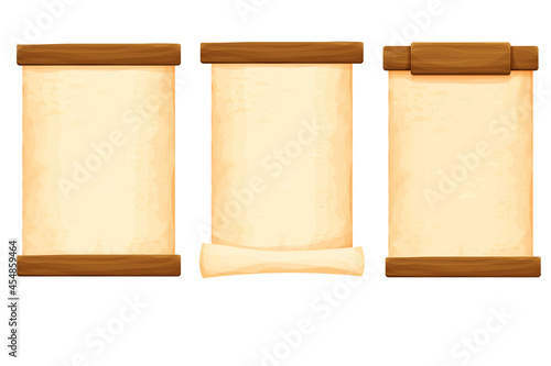 Set wood planks with parchment paper in cartoon style isolated on white background. Frame, medieval panel, menu. Empty gui asset, signboard.