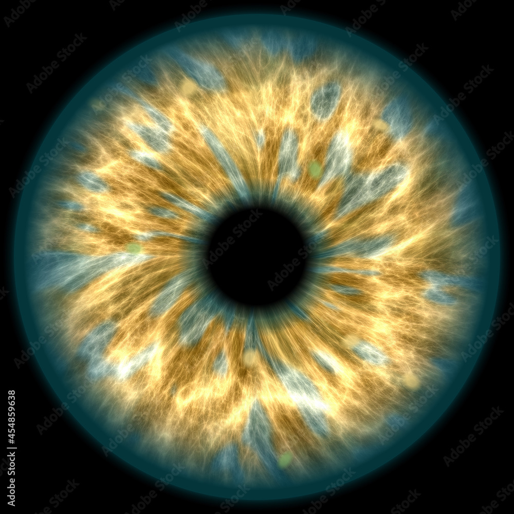Illustration of a green human iris on black background. Digital artwork creative graphic design. Illustration of a green human iris on black background. Digital artwork creative graphic design.