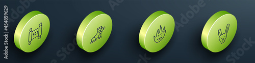 Set Isometric line Magic scroll, Hermes sandal, Fire flame and Rabbit with ears icon. Vector