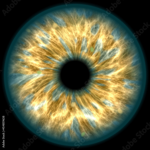 Illustration of a green human iris on black background. Digital artwork creative graphic design.