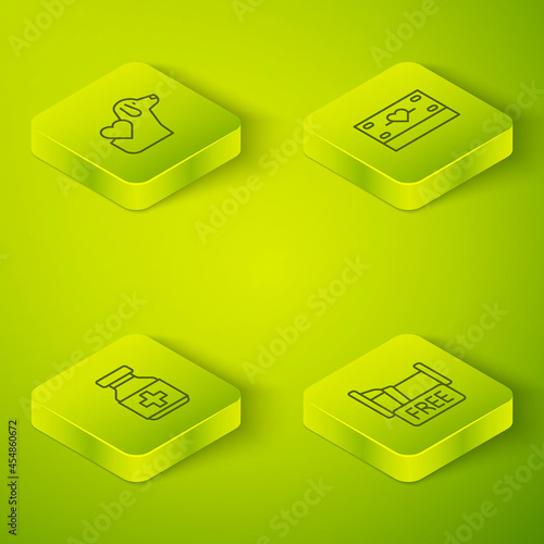 Set Isometric line Donation and charity, Medicine bottle pills, Free overnight stay house and Heart with dog icon. Vector