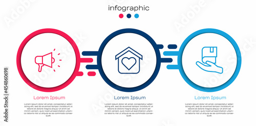 Set line Megaphone, Shelter for homeless and Book donation. Business infographic template. Vector
