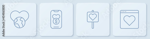Set line The heart world - love, Location with, Donation and charity and Dating app online. White square button. Vector