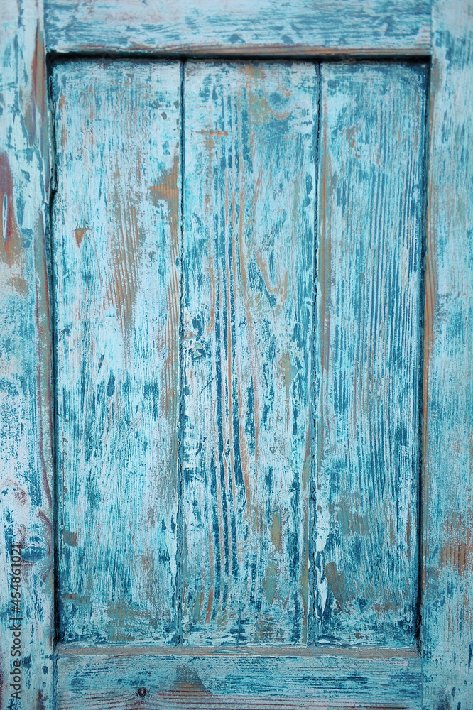 Wycinek ze starych drewnianych cyjanowych drzwi. - obrazy, fototapety, plakaty 