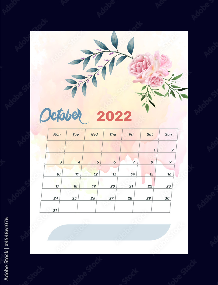Beautiful Watercolor Floral 2022 October Calendar Design Template for ...