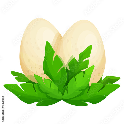 Dinosaurs nest with eggs and grass in cartoon style isolated on white background. Prehistoric shell, reptile baby. 