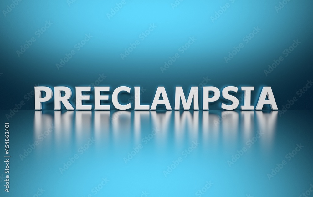 Scientific term Preeclampsia written in bold white letters on blue background