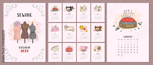 Illustrated 2022 calendar template with hand drawn vintage sewing tools and accesories. Vector illustration