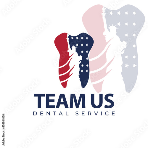 team us dental clinic, tooth implant with negatif space liberty statue and USA flag vector