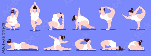 Body positive. A plump girl is engaged in yoga, meditation, physical exercise, training without being ashamed of her body. Vector illustration. Set of various positions in yoga.