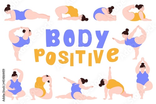 Body positive. A plump girl is engaged in yoga, meditation, physical exercise, training without being ashamed of her body. Vector illustration. Set of various positions in yoga.