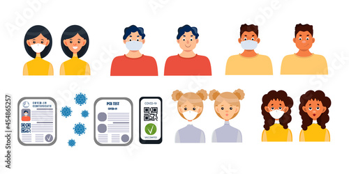 People of different nationalities in protective masks against the coronavirus. A set of vector icons of people and elements: a PCR test, a QR code on the phone screen, a certificate of vaccination
