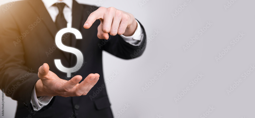 © Ivan - Successful international financial symbol sinvestment concept with businessman man person hold showing growth, charts and dollar sign, digital technology