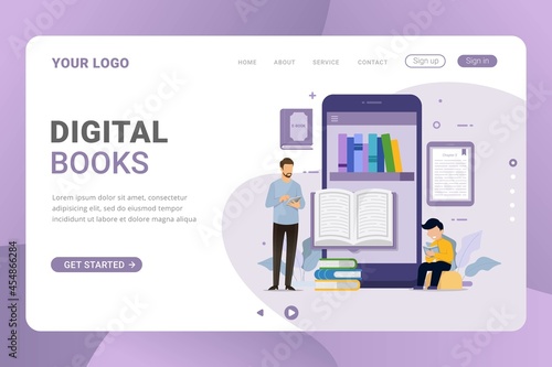 Landing page template electronic ebook and ebook reader with bookmark design concept vector illustration photo