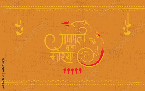 Ganesh Chaturthi Template Design with Lord Ganesha Face Illustration, writing ganpati bappa morya in hindi