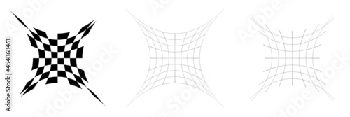 Distorted abstract geometric shape elements. Deformation, distortion warp, tweak effect on checkered, grid, mesh surface