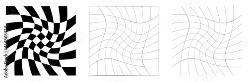 Fototapeta Naklejka Na Ścianę i Meble -  Distorted abstract geometric shape elements. Deformation, distortion warp, tweak effect on checkered, grid, mesh surface