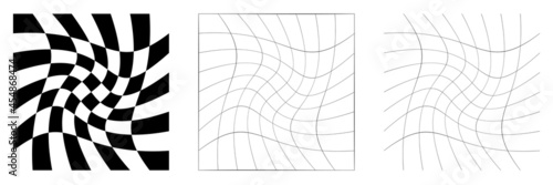 Distorted abstract geometric shape elements. Deformation, distortion warp, tweak effect on checkered, grid, mesh surface