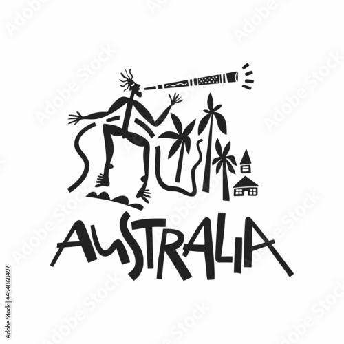 Vector hand drawn stylized map of Australia. Travel illustration of Commonwealth of Australia shape. Hand drawn lettering illustration. South lands map element